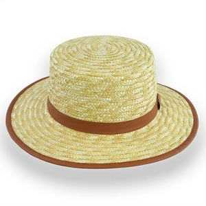 Top view of flat boater hat featuring natural straw weave and brown faux leather trim
