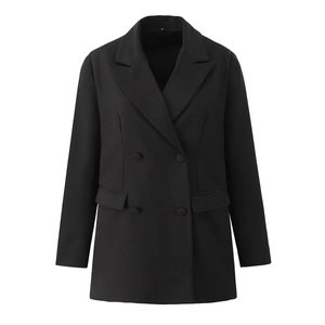 Women's 3-piece solid black suit set with double-breasted blazer and skirt