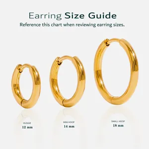 Guide des tailles de créoles en acier doré 18 carats allant de 12 mm huggies à 18 mm créoles