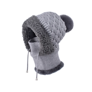 Winter thermal knit beanie with integrated face mask, neck warmer, and grey pom-pom