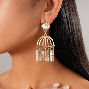 Vintage gold hollow cage earrings with sparkling zircon studs and crystal fringe tassels
