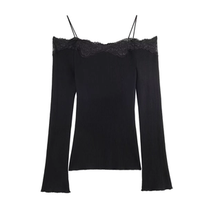 Women's black off-shoulder long sleeve knit top with delicate lace trim and ribbed texture
