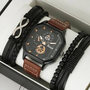 Macro view of a square quartz watch set with orange accents and leather bracelets in a gift box