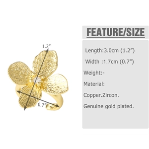 Size specifications of the 18k gold plated flower ring with copper and zircon details