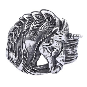 Vintage stainless steel unicorn ring with intricate embossed details in silver finish