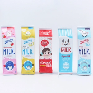 Creative Milk Box Shape Pencil Case PU Leather Cartoon Pig Pattern Large Capacity Stationery Organizer Pouch For Students