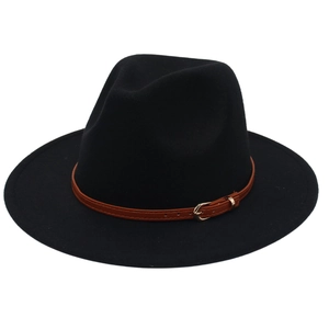Detail of black cashmere fedora hat with a thin brown leather belt and gold metal buckle