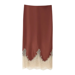 Elegant brown satin midi skirt with contrast beige lace hemline on a white background