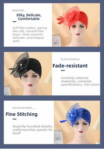Detailed view of mesh gauze turban hats with feather flowers and pearl accents in red, black, and blue