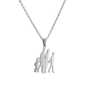 Polished stainless steel necklace featuring a silhouette pendant of a family of four