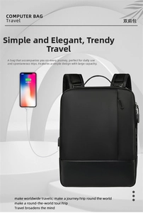 Close-up of sleek black business laptop backpack with integrated external USB charging port