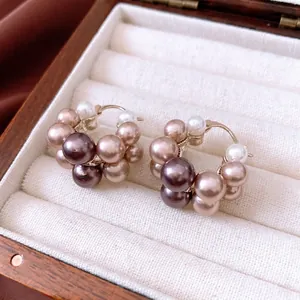 French retro pearl round cluster hoop earrings with white and champagne tones