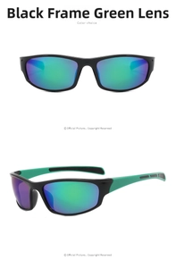 Detail of cycling sunglasses with black frame and green polarized lenses with anti-slip arms