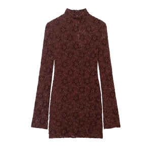 Elegant wine red lace midi dress with long sleeves and floral pattern textures