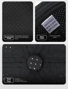 Detail of 100% polyester fabric texture and breathable vents on the black sun hat