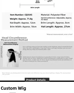 Detailed size chart for the baseball cap with hair including adjustable 55-60cm circumference
