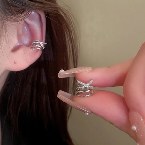 Silver multi-layer crisscross ear cuff with zircon accents for non-pierced ears