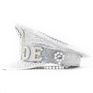 Sparkly silver bride captain hat with white sequins, pearls and BRIDE lettering