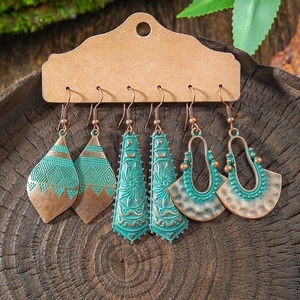 Retro 3-piece earring set with turquoise and bohemian geometric fringe on wood back