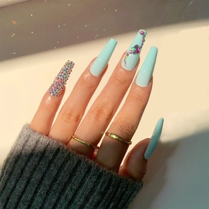 Long Coffin Press On Nails Light Blue Glossy Fake Nails With Rhinestone Butterfly Decor Artificial Manicure