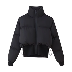 Women Short Puffer Jacket Stand Collar Zipper Cotton Padded Coat Ribbed Cuffs Drawstring Hem Solid Warm Cropped