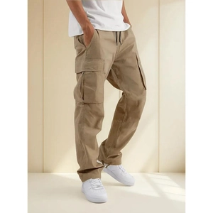 Men Cargo Pants Multi-Pocket Drawstring Casual Long Trousers Loose Straight Leg Outdoor Wear