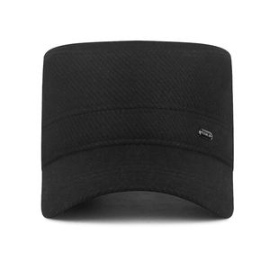 Winter flat top cadet cap in black fleece fabric with protective ear flaps for cold weather