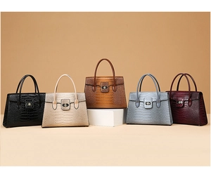 Detailed view of crocodile pattern leather handbags with metal turn-lock in five colors