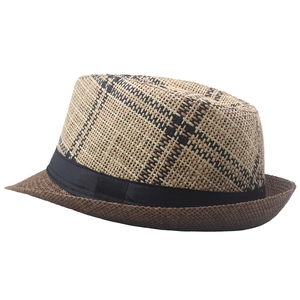 Cappello Fedora di paglia con corona a quadri beige e tesa larga marrone per protezione estiva