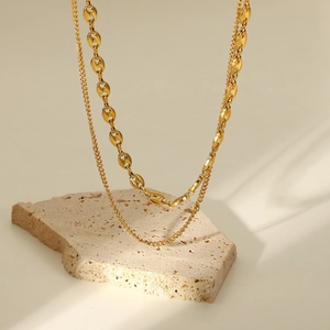 Double Layer Necklace Stainless Steel 18K Gold Plated Pig Nose Chain Coffee Bean Link Minimalist INS Style Women