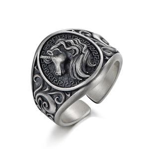 Vintage silver unicorn open ring with Greek fret pattern and side floral engravings