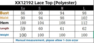 Size chart for lace lingerie camisole showing bust, waist and length measurements in cm