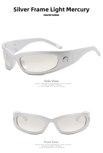 Silver sports sunglasses with metallic moon logo on temple in side and front view