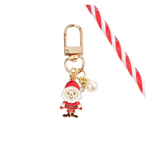 Christmas Santa keychain with golden metal lobster clasp and decorative white pearl