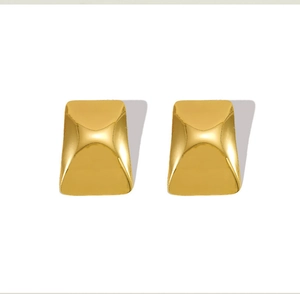 Detailed close-up of 18K gold-plated rectangular earrings with 3D X-shaped faceted design