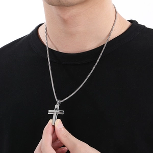 Minimalist double layer silver cross necklace in polished stainless steel for men and women