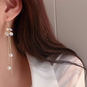 Elegant 925 silver needle drop earrings with gold tassels, pearls, and rhinestones