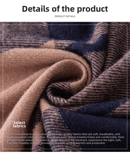 Detailed macro view of soft cashmere-like plaid scarf texture in blue and brown knit