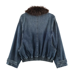 Back view of a vintage dark blue denim jacket with warm dark brown faux fur collar