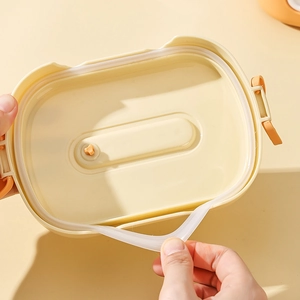 Yellow cartoon bento box lid with silicone sealing ring and orange air vent plug