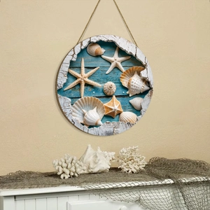 Mediterranean style round wall art with starfish and shells on blue wood pattern