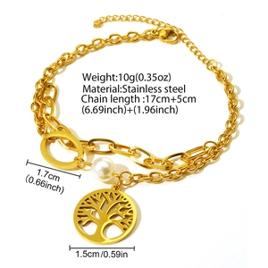 Gold double-layer stainless steel bracelet with pearl and tree of life charm detail
