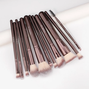 12pcs brown makeup brush set with coffee handles and bicolor bristles on white display