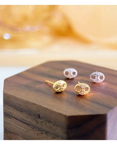 Macro detail of S925 silver stud earrings with sparkling cubic zirconia in gold and silver