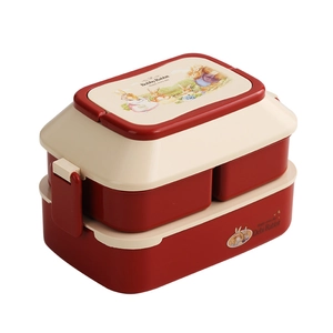 Double-layer Bobby Rabbit bento box with red lid and large capacity for school and office