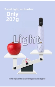 Ultralight 207g light purple folding umbrella compared to an apple for portability