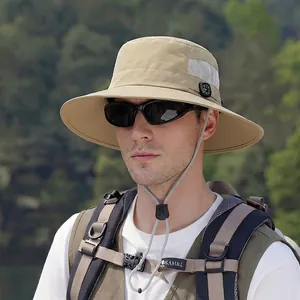Men's outdoor wide brim sun hat with breathable mesh and compass detail in khaki