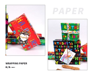 Macro detail of Happy Birthday wrapping paper with colorful text and heart tags