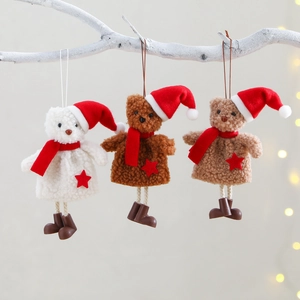 Christmas Bear Plush Hanging Ornament Sherpa Fabric Red Hat Scarf For Xmas Tree Festive Home Decoration Cute Cartoon