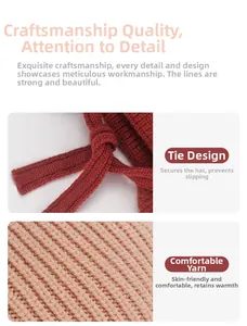 Detail of burgundy knitted tie and soft beige yarn texture of kids warm winter hat